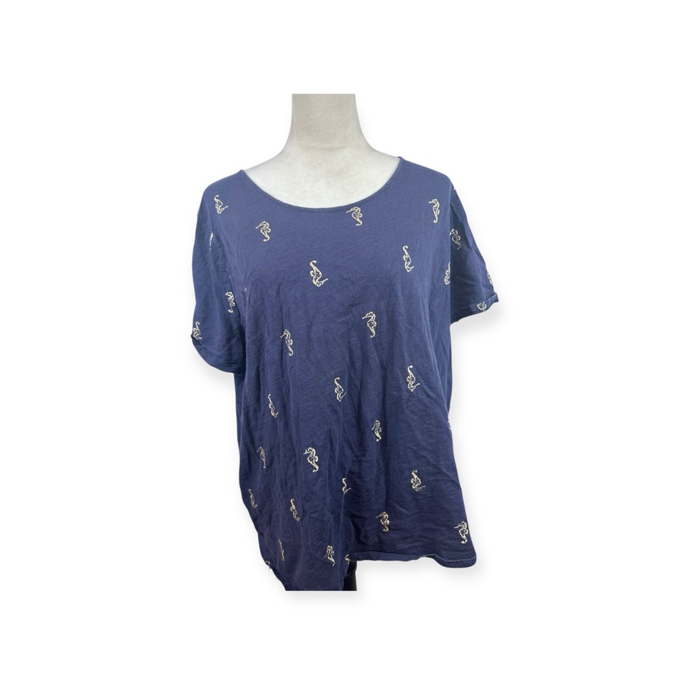 Talbots navy short sleeve top with gold seahorse print size 3X